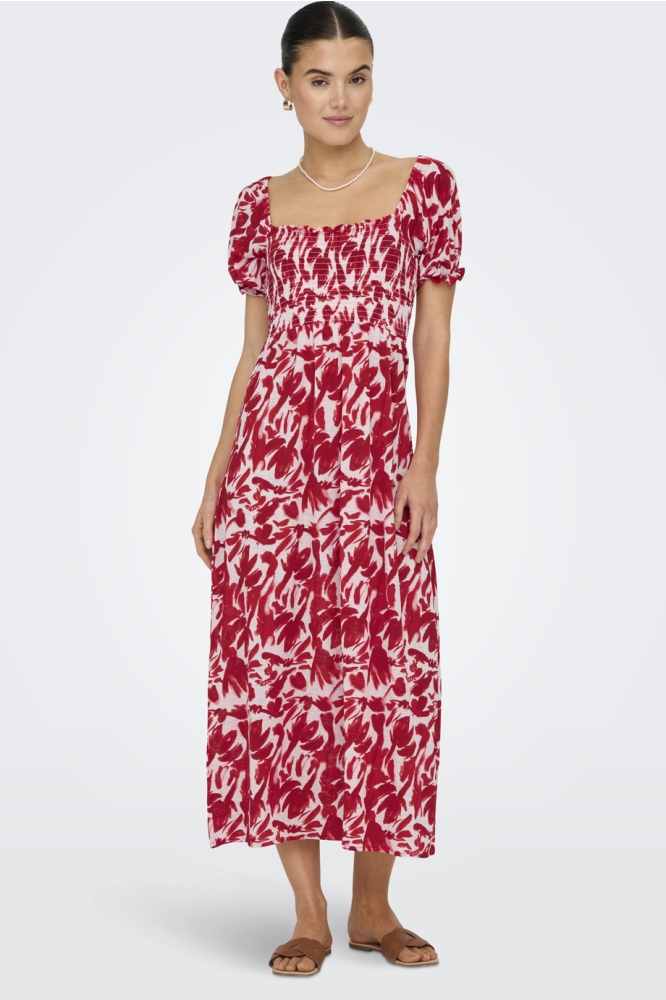 JDYZOEY S/S SMOCK DRESS JRS DIA 15351511 CLOUD DANCER/ MARS RED